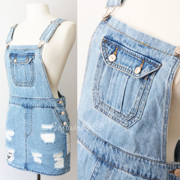 Last ☝️Blue Denim Distressed Overall Skirt Dress - Picture 2 of 8